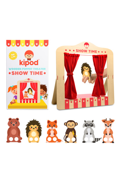 KIPOD Teatru de papusi din lemn pentru masa, pliabil, cu figurine incluse