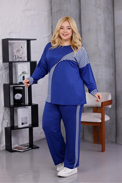 Siyezen Plus Size Striped Cotton Stretch Fabric Tracksuit Set