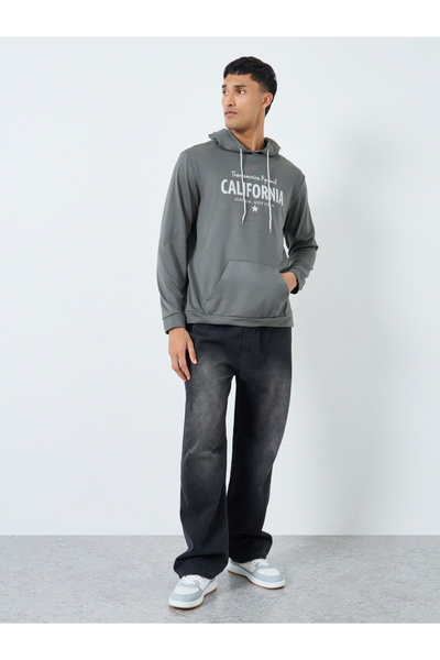 Take Two By Styli Men Grey Graphic Print Hoodie with Front Pocket