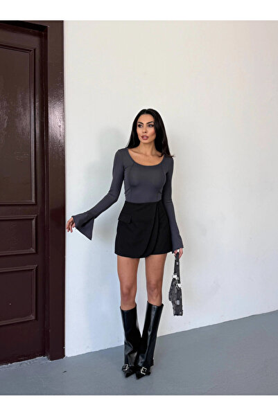 hazelin Γυναικεία μακρυμάνικη μπλούζα ανθρακί με κορδόνι πίσω, κομψή εφαρμογή HZL25W-FRY122771