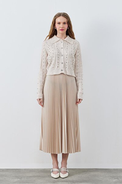 Gülşah collection Leather-Look Pleated Skirt - Beige