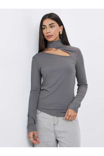 Styli Charcoal Knit Top with Cut-Out Detail
