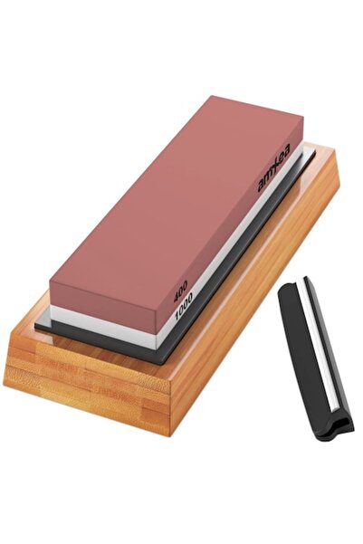 amXea Knife Sharpening Stone 400/1000, 2 Grits, Black Rubber Support, Non-slip Bamboo Base and Angle