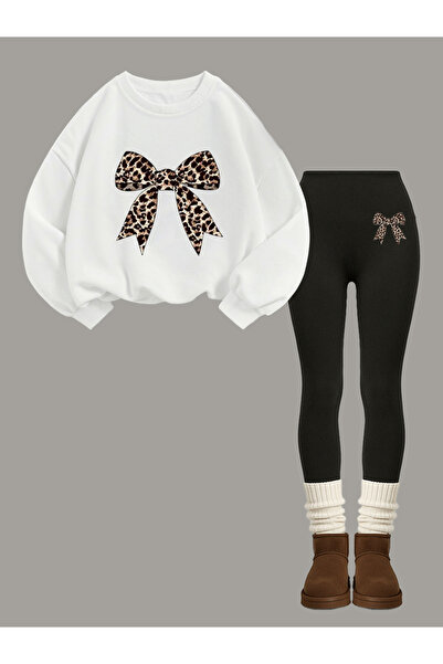 Take Two By Styli Teens Bow Print Sweatshirt and Leggings Set