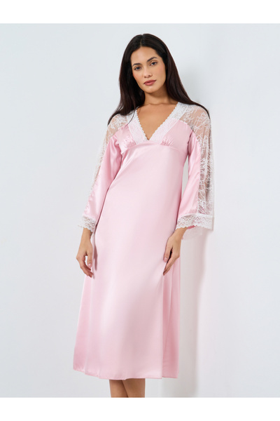 Take Two By Styli Contrast Lace Insert V Neck Satin Nightdress