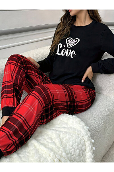Take Two By Styli Love Text Print T-Shirt and Checked Pyjama Set