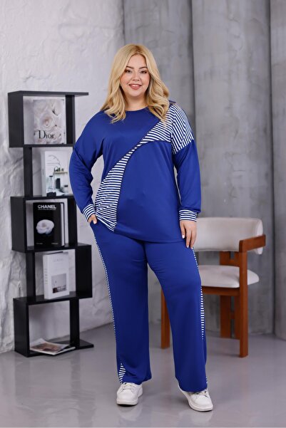 Siyezen Plus Size Striped Cotton Stretch Fabric Tracksuit Set