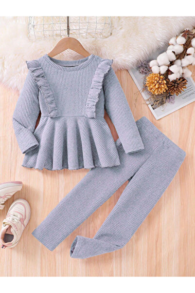 Take Two By Styli Girls Grey Flounce Hem Knit Top and Leggings Set