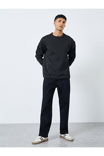Take Two By Styli Men Black Cable Knit Relaxed Fit Sweater