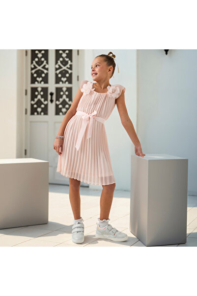 Juniors Pleated Dress with Floral Applique and Tie-Up Belt