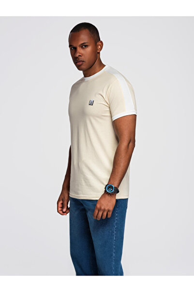 OMBRE Pánské tričko s kontrastními pruhy - béžové V7 OM-TSCT-0115