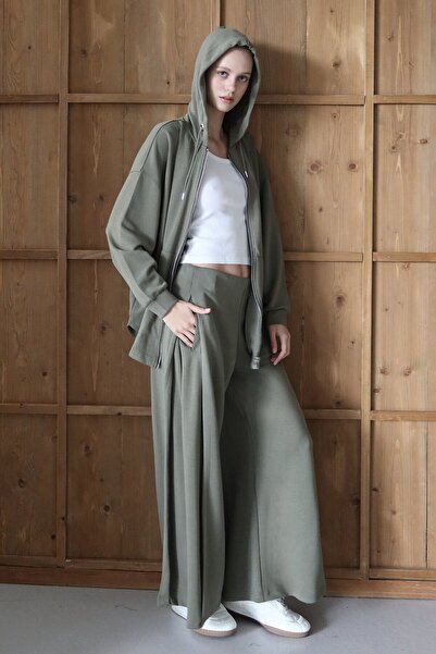 VAGGON Women's Khaki High Waist Double Pocket Palazzo Woven Trousers Vs01426