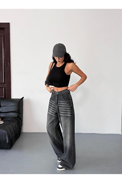 Zeo Basic Women's Extra Baggy Jean High Waist Loose Pants Black Washed