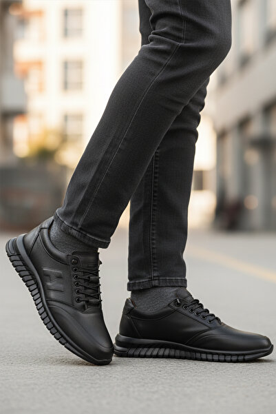 AYAKMOD Pantofi casual pentru bărbați, cu șireturi, din piele naturală neagră...