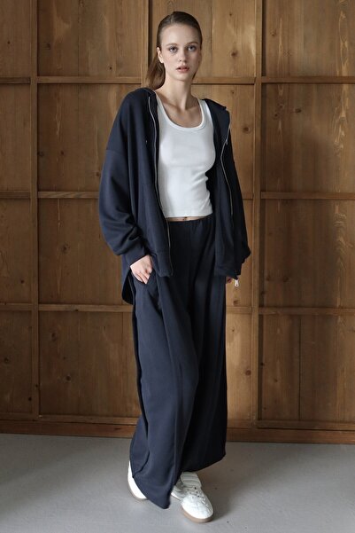 VAGGON Women's Dark Blue High Waist Double Pocket Palazzo Woven Trousers Vs01426