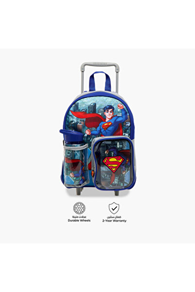 Warner Bros Superman Print Trolley Backpack with Retractable Handle and Zip Closure - 13 inches