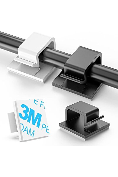 SWIUKPHE 100 Adhesive Cable Clips (L, White & Black) - Wall/Under-Desk Cable Organizer for LED, HDMI, Etherne