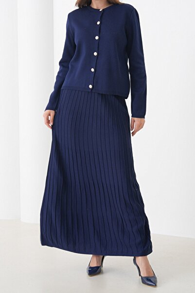 VAGGON Women's Navy Blue Crew Neck Buttoned Cardigan and Pleated Midi Skirt Set Vs01441