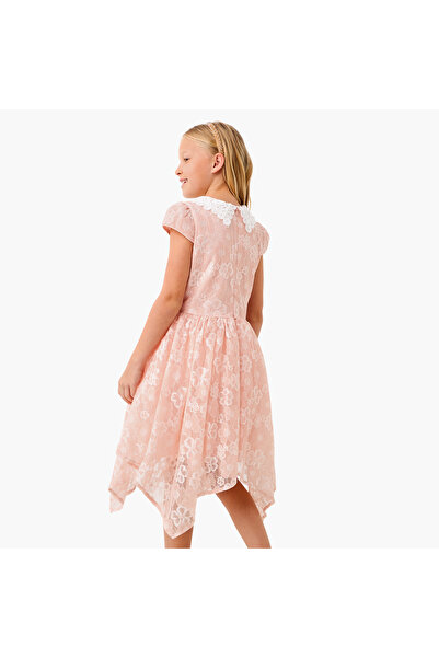 Juniors Lace Detail Asymmetric Dress with Cap Sleeves