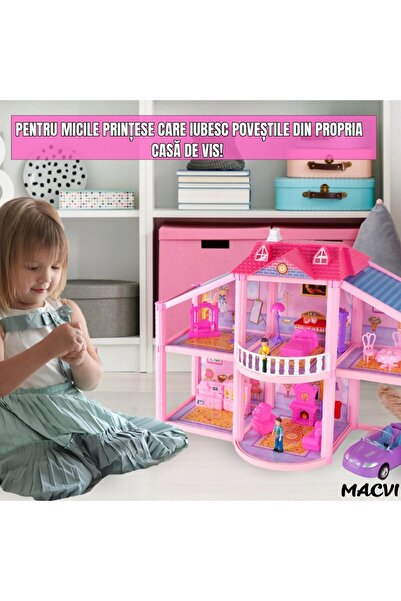 MACVI ® Lovely House Dollhouse, 2 Floors, 5 Rooms, Garage with Car, 2 Figures, 112 Pieces
