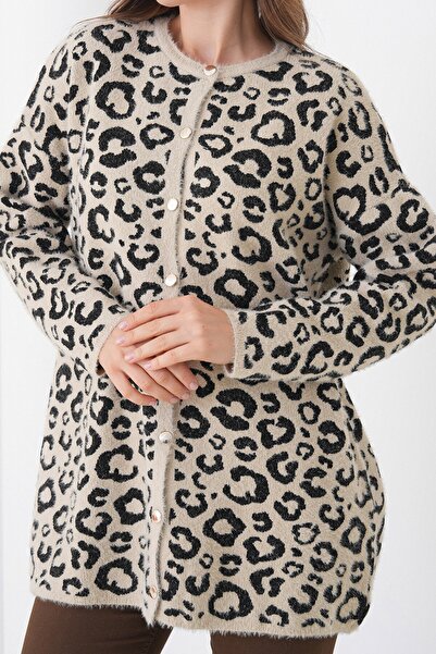 VAGGON Women's Stone Leopard Patterned Buttoned Soft Knitwear Cardigan Vs01446