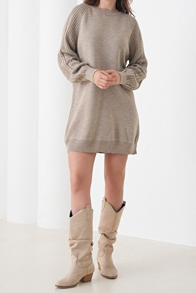 VAGGON Women's Beige Knitted Detailed Balloon Sleeve Knitwear Dress Vs01437