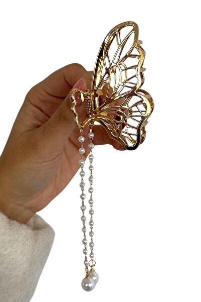 TAKIŞTIR Gold Color Butterfly Figured Pearl Detailed Hanging Metal Latch Buckle