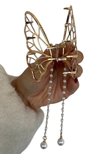 TAKIŞTIR Gold Color Butterfly Figured Pearl Detailed Hanging Metal Latch Buckle