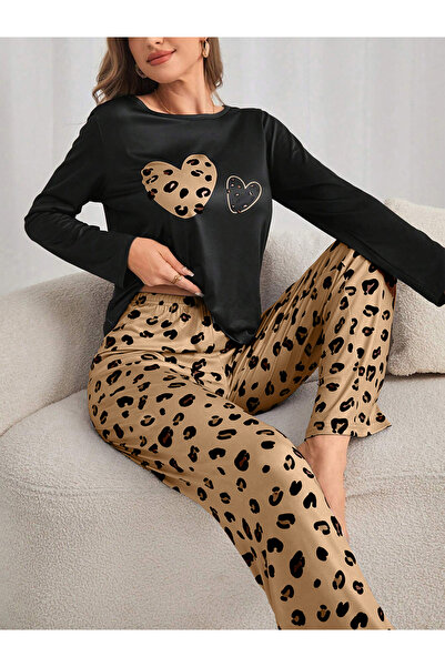 Take Two By Styli Heart Leopard Print T-Shirt and Pyjama Set