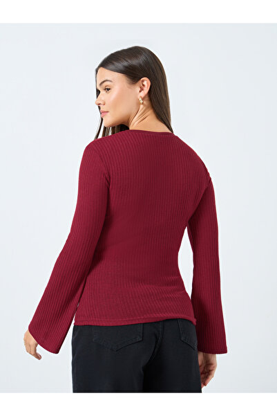 Styli Red Textured Knit Henley Neck Fitted T-Shirt