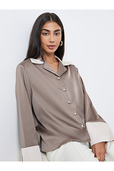 Styli Women Brown Color Block Notch Lapel Button Down Shirt