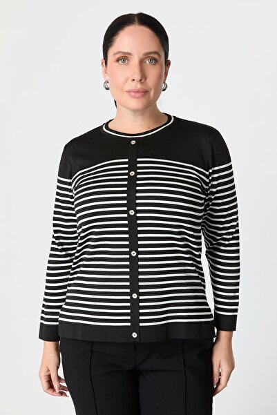 accort Büyük Beden Çizgili Triko Kazak-SİYAH