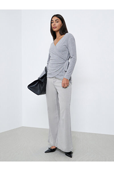 Styli Grey Plain Long Sleeve Wrap Knit Top