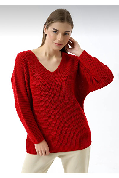 By Kuzey Aras Red V-Neck Casual Thessaloniki Knit Sweater