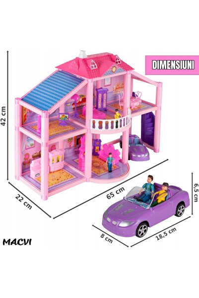 MACVI ® Lovely House Dollhouse, 2 Floors, 5 Rooms, Garage with Car, 2 Figures, 112 Pieces