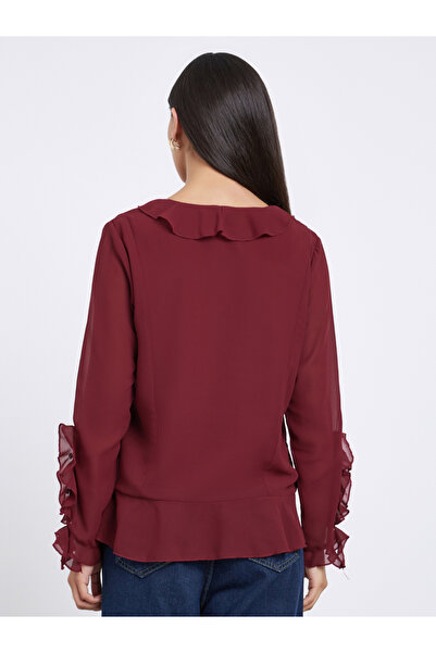 Styli Maroon Frill Detail V Neck Chiffon Blouse