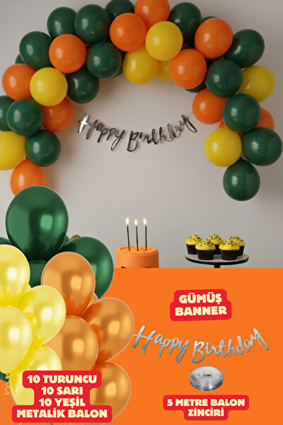 Baloncu Nene Gümüş Happy Birthday Banner Balon Seti Sarı Turuncu Yeşil Balon ...