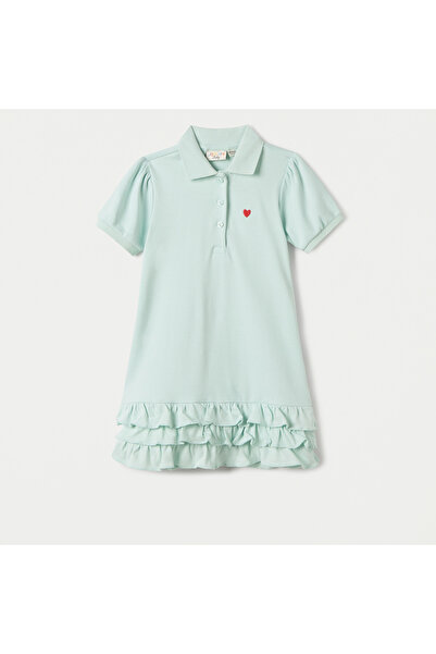 Juniors Heart Embroidered Polo Dress with Frill Detail and Short Sleeves