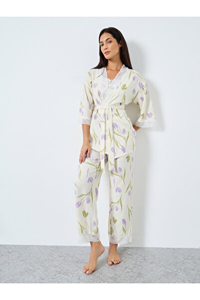 Take Two By Styli Pack of 3 - Floral Print Lace Trim Cami, Pants and Robe