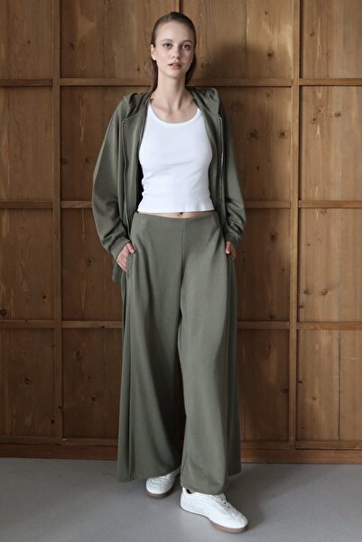 VAGGON Women's Khaki High Waist Double Pocket Palazzo Woven Trousers Vs01426