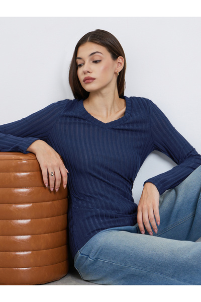 Styli Navy Blue Ribbed Knit Top