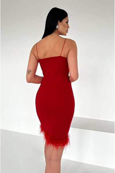 Modafeminen Cemre Rope Strap Feather Mini Dress 582843 Red