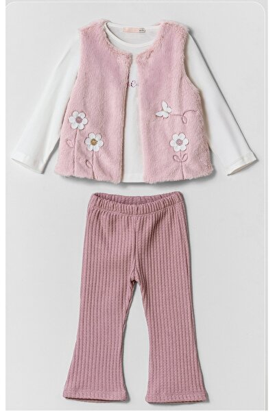 Baby Rose Plush Vest Set Flowers Embroidered Triple Set (Ages 1-2-3-4)
