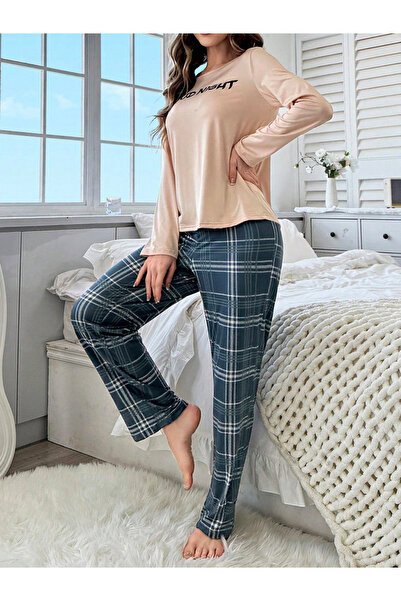 Take Two By Styli Slogan Text T-Shirt and Check Pyjama Set