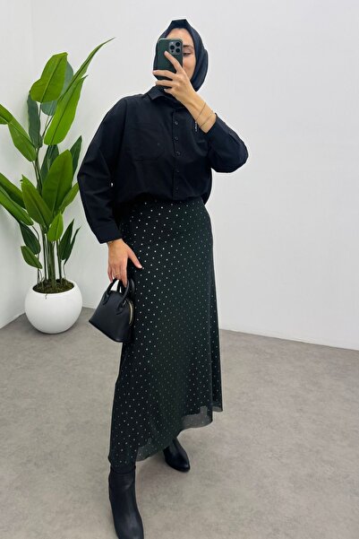 Yefrastore Women's Polka Dot Printed Green Maxi Tulle Skirt with Back Elastic Detail and Zipper