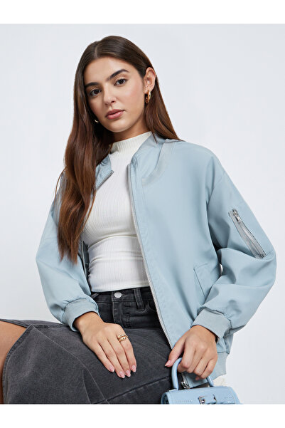 Styli Blue Bomber Jacket with Full Zip
