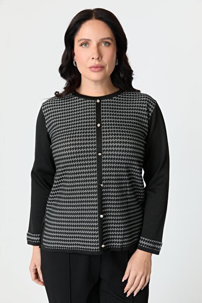 accort Büyük Beden Kazayağı Desenli Triko Hırka-SİYAH