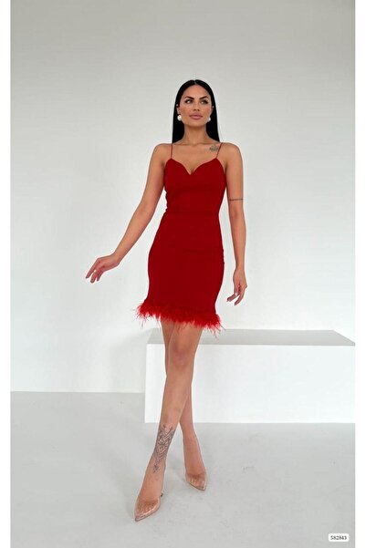 Modafeminen Cemre Rope Strap Feather Mini Dress 582843 Red