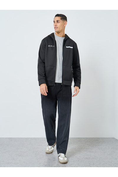 Take Two By Styli Men Black Zip-Up Inner Fleece Hooded Jacket