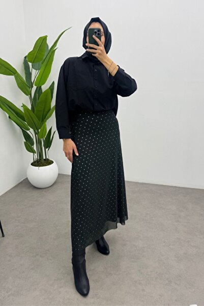 Yefrastore Women's Polka Dot Printed Green Maxi Tulle Skirt with Back Elastic Detail and Zipper